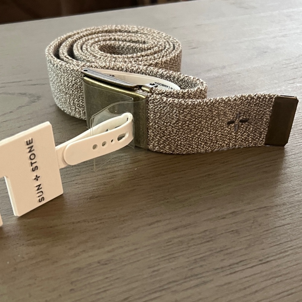 Sun + Stone Men's Stretch Webbing Belt Khaki NWT